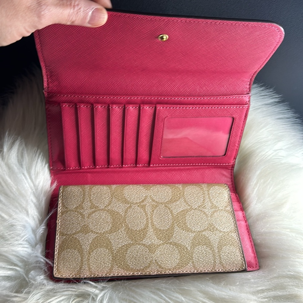 Coach Signature Coated Canvas Full Size PVC Checkbook Wallet Khaki / Pink Ruby - Picture 11 of 12